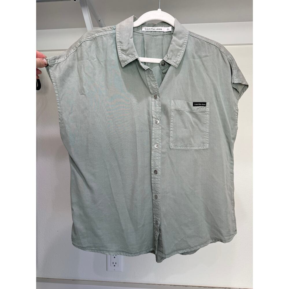 Calvin Klein Button-Up Blouse Cap Sleeve Shirt‎ Sage Size Medium